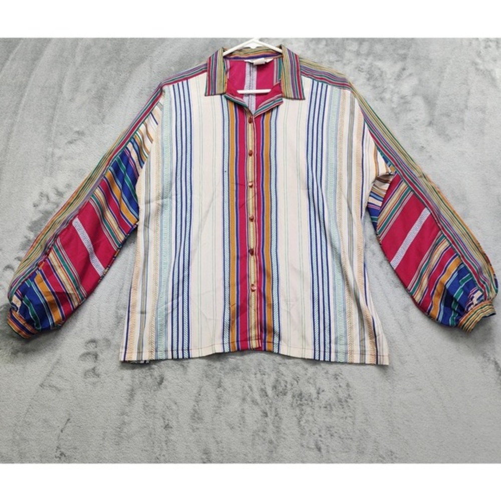 Vintage Its Gailord Top Womens L Multicolor Striped Button Down Balloon Sleeve - Picture 1 of 10
